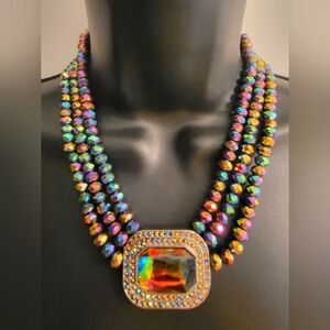 Vintage Peacock Crystal Glass Triple Strand Necklace & Bracelet Set